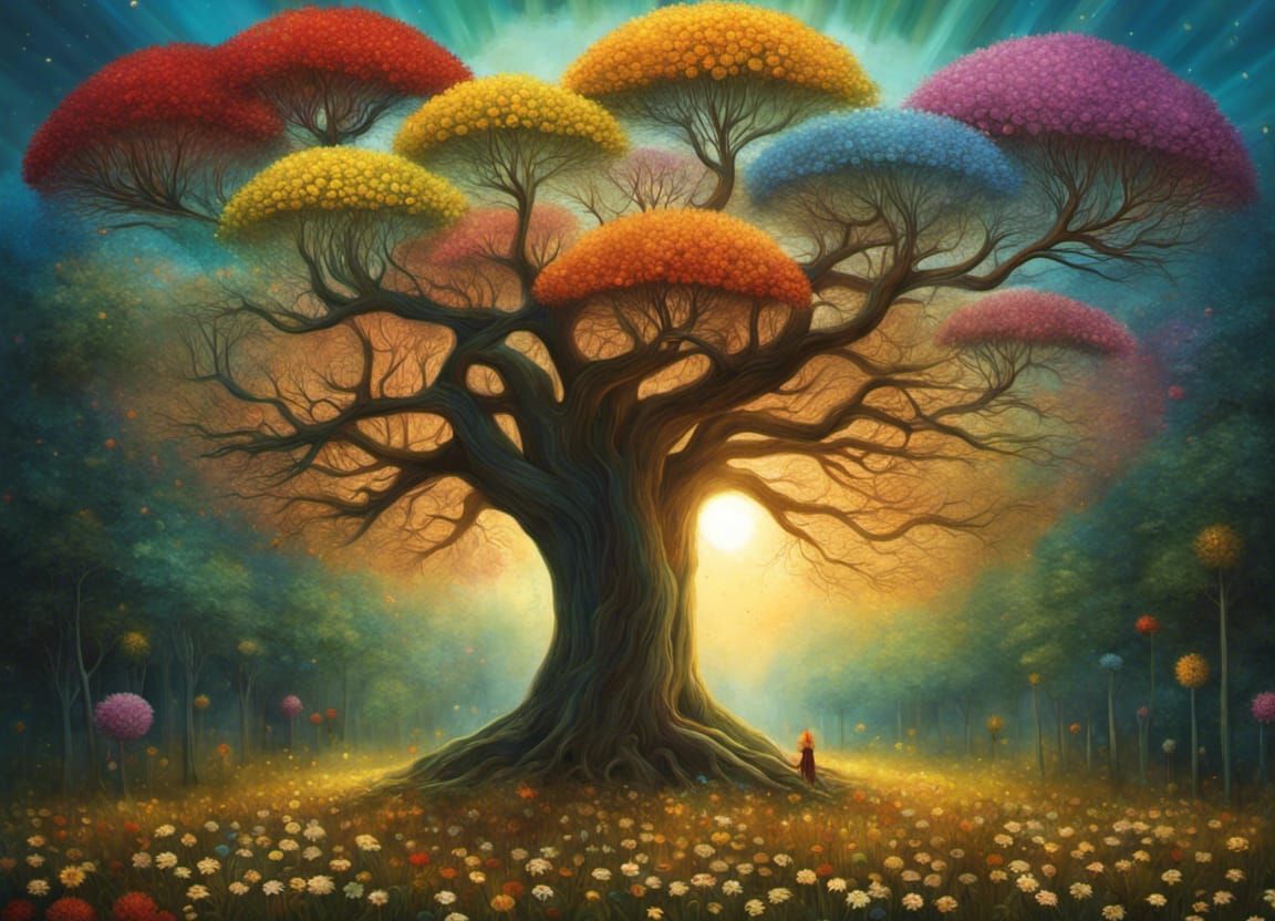 Surreal Floral Landscape with Rainbow Petals