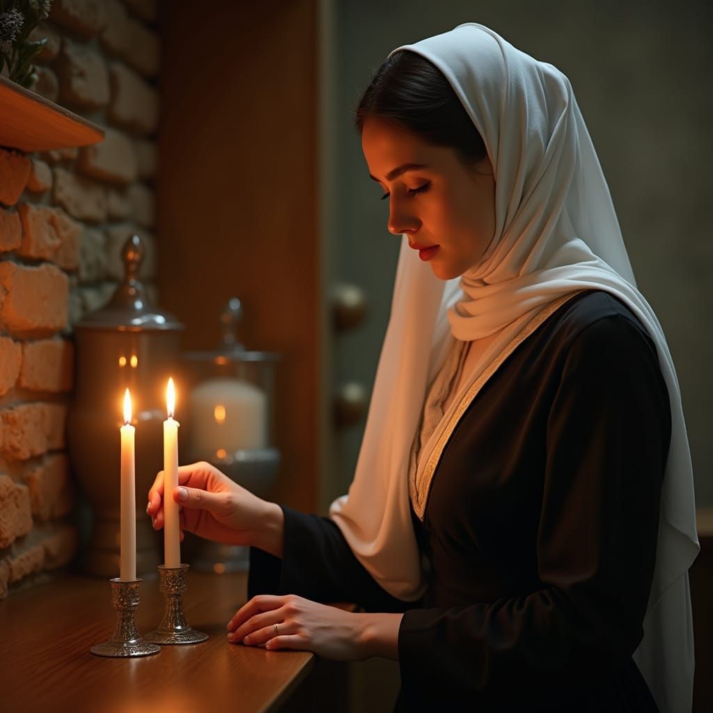 Jewish Woman Lights Shabbat Candles: A Photorealistic Scene