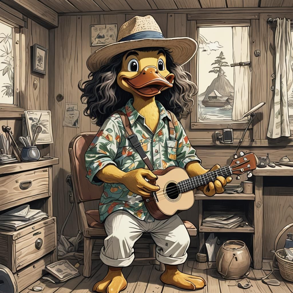 Cartoon Duck Plays Ukulele in Cabin