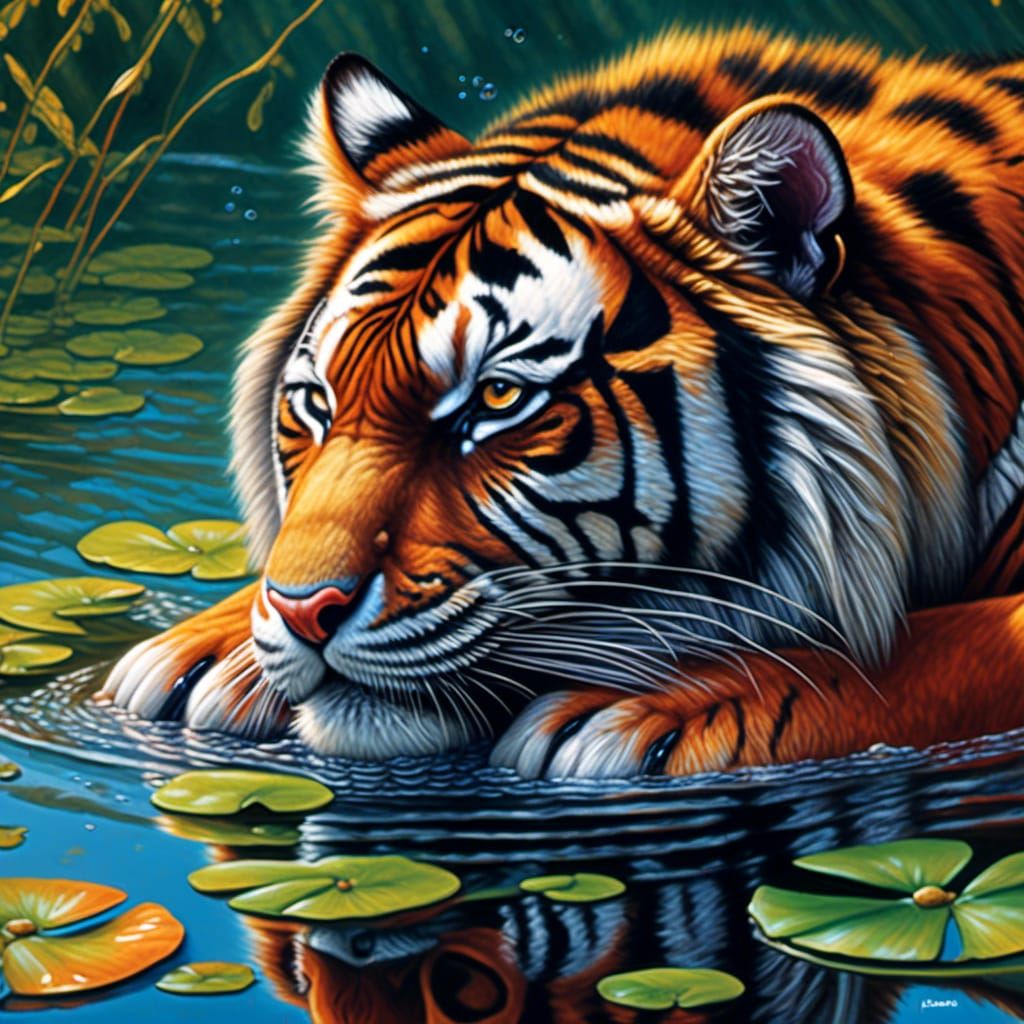 Peaceful Tiger in Water: Realistic Illustration