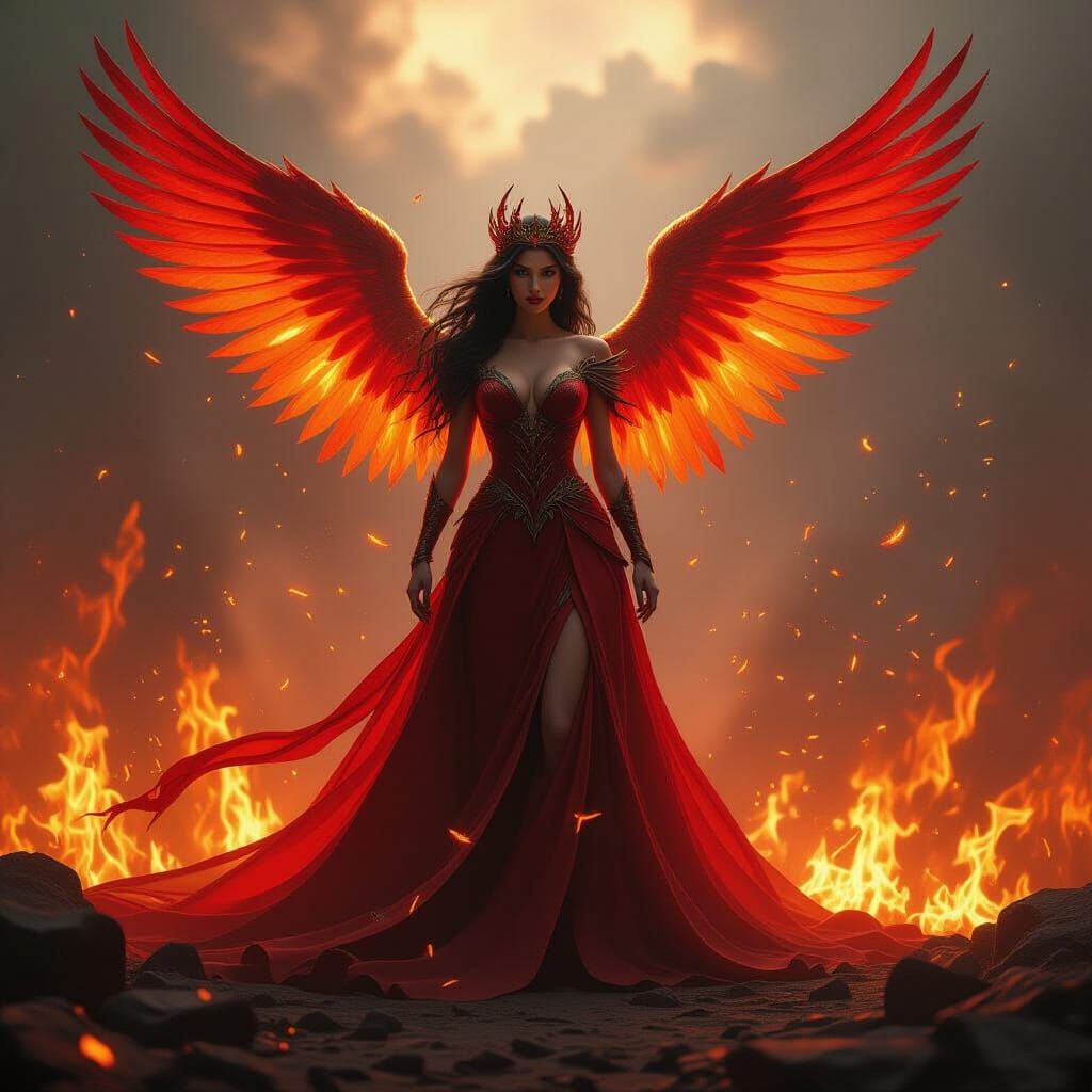 Fiery Winged Queen Rising from Flames