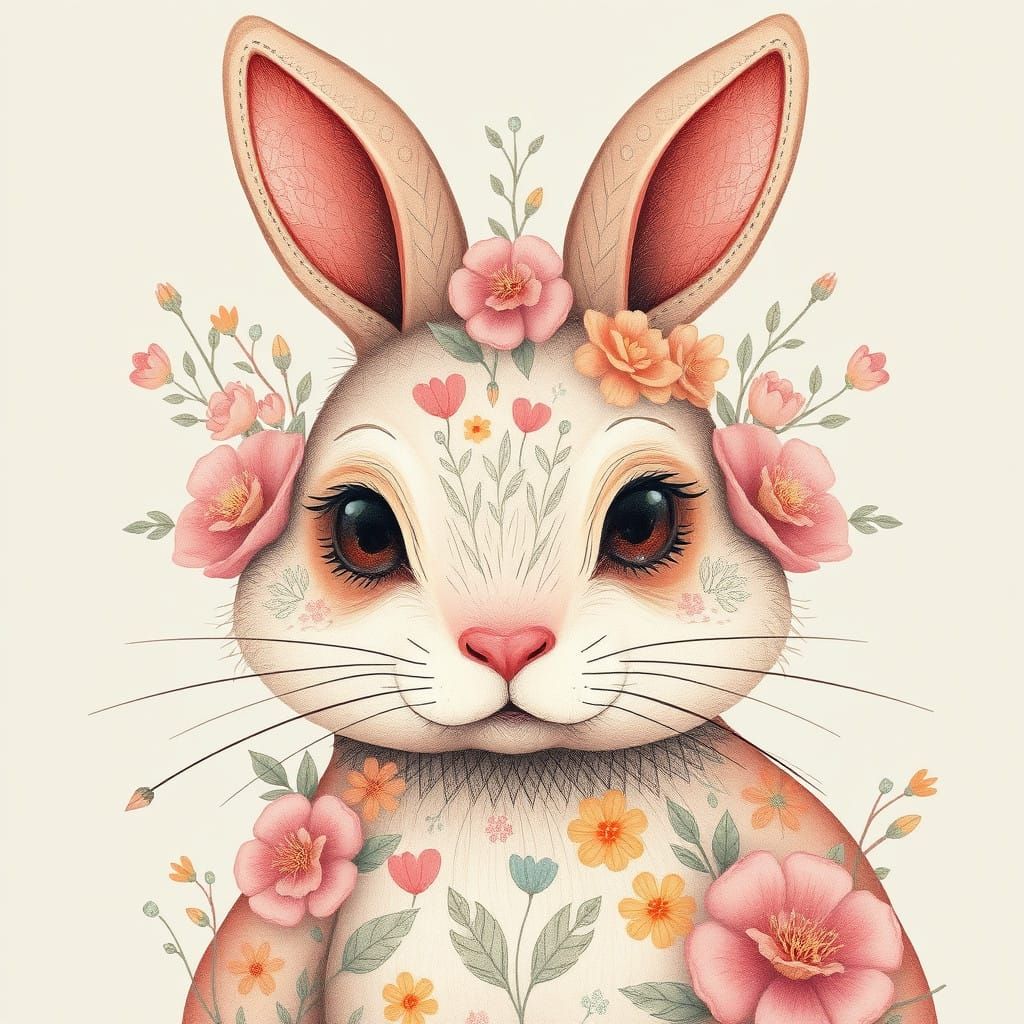 Whimsical Rabbit Creature in Floral Wonderland