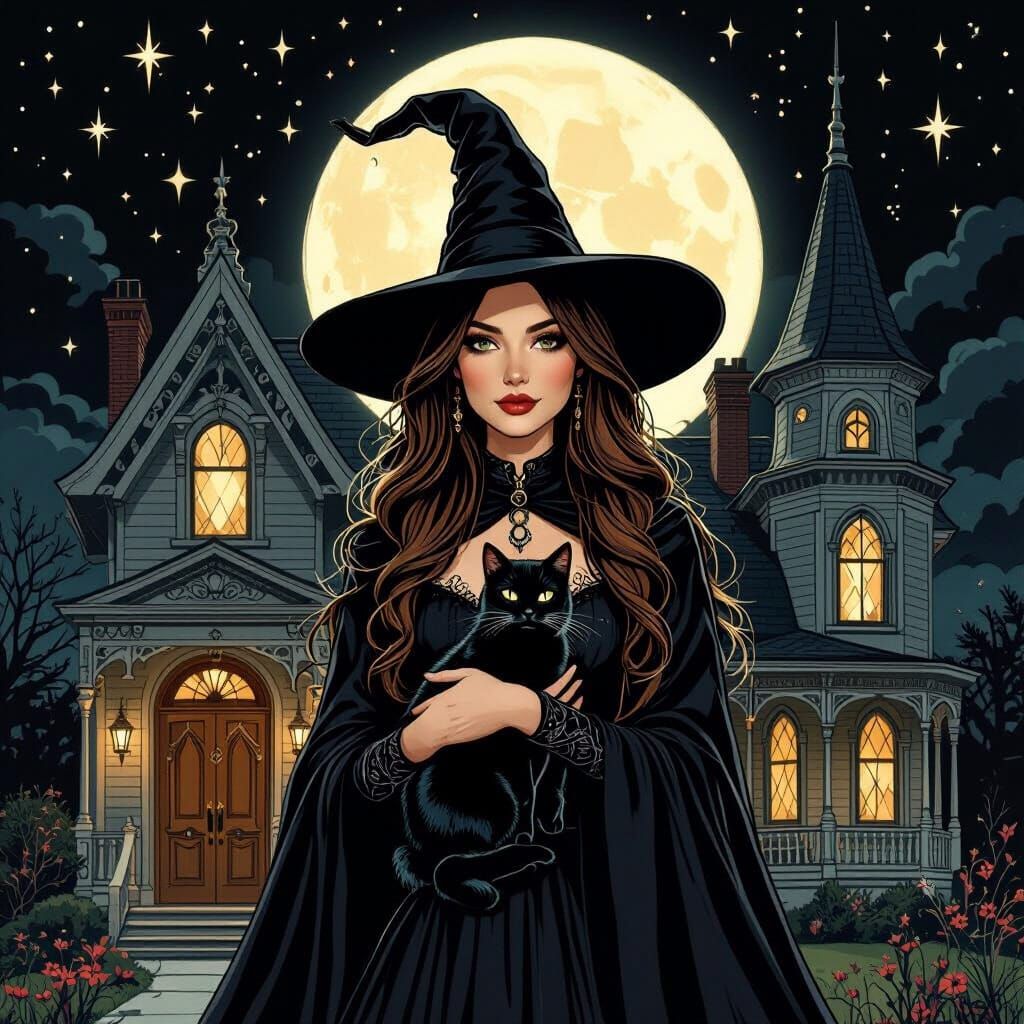 Gothic Witch and Black Cat in Moonlight