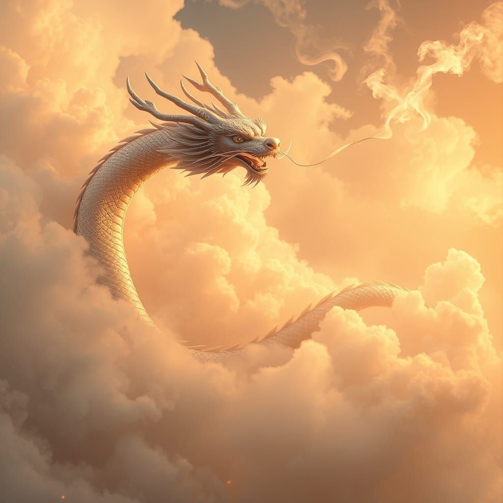Silver Chinese Dragon Glides Among Clouds in Vibrant Oil Pai...