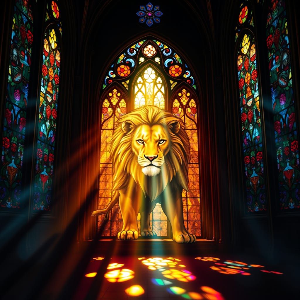 Majestic Stained-Glass Lion in Cathedral Sunlight