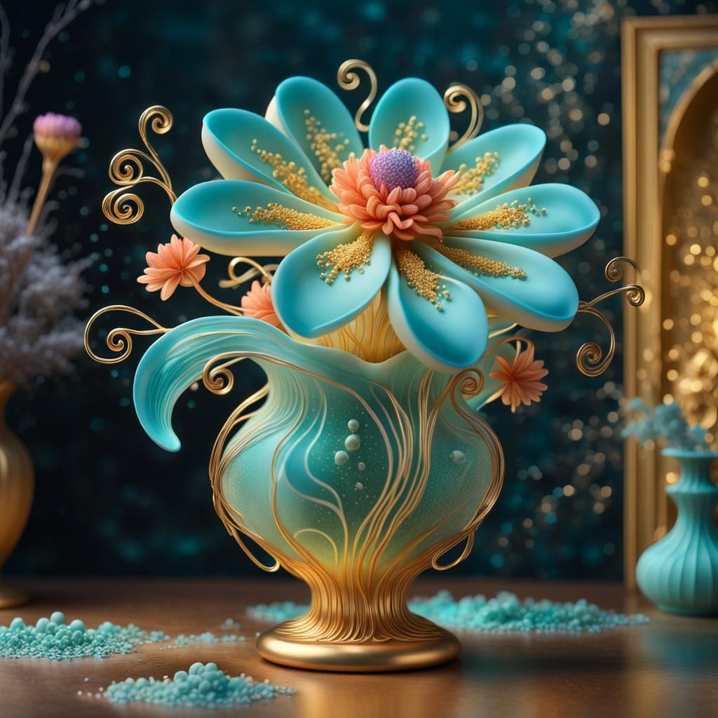 Bioluminescent Marzipan Flower Sculpture with Gilding
