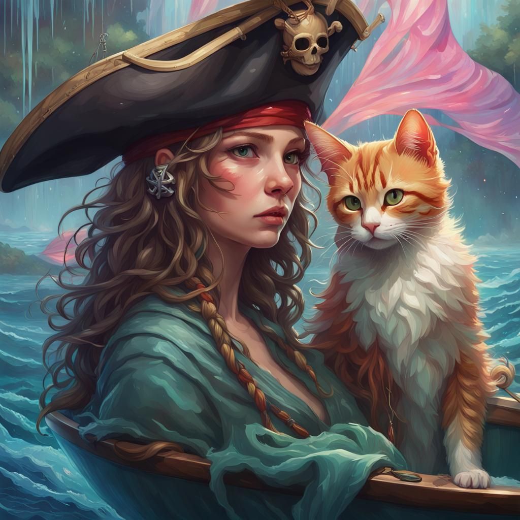 Iridescent Tulip with Pirate Kitty, Digital Art