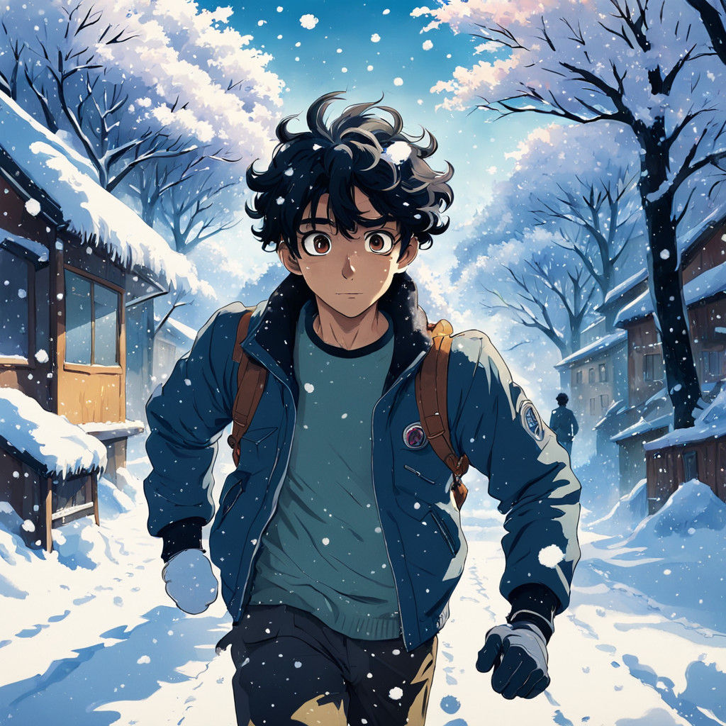 Youthful Italian Boy Runs in Snowy Landscape with Friends