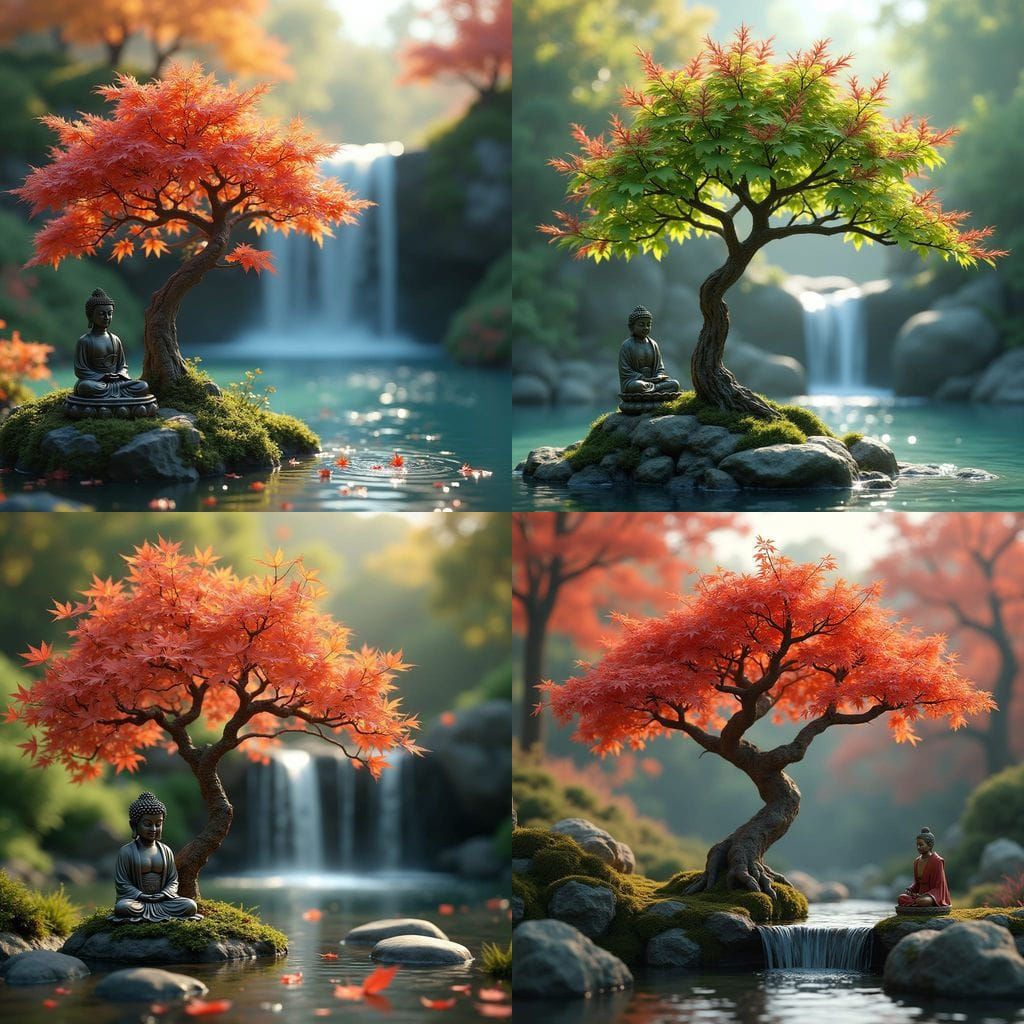 Miniature Japanese Maple Tree in Summer Glory with Buddha an...
