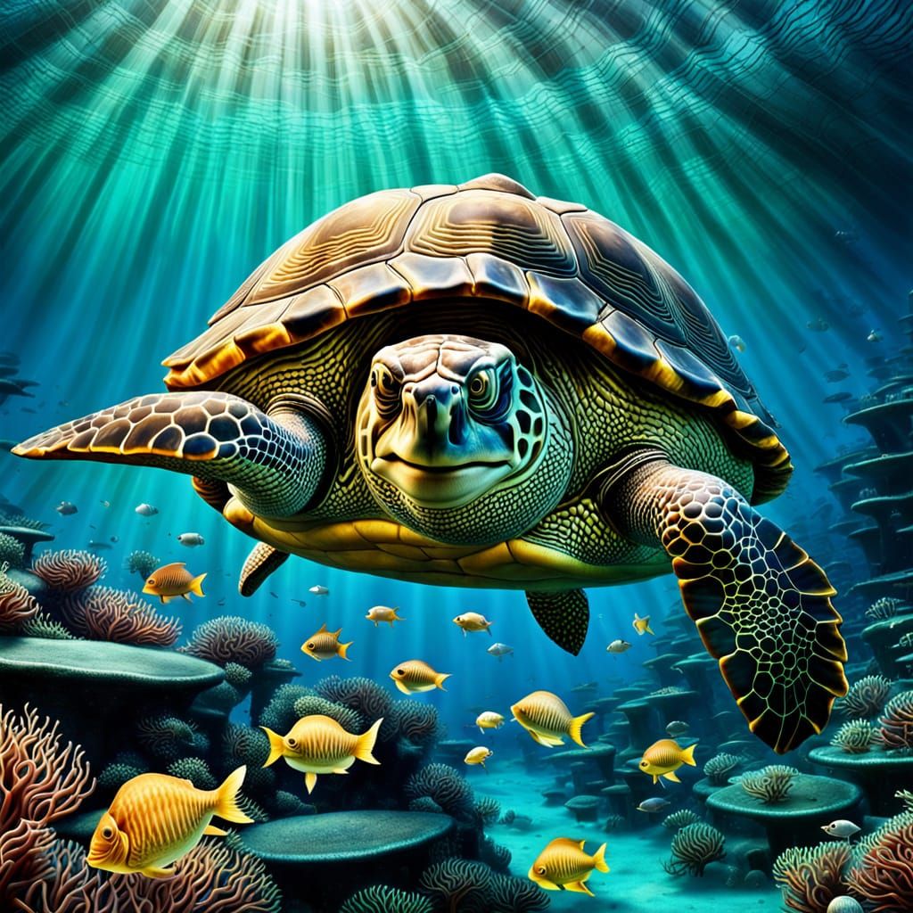 Majestic Tortoise Swims in Bioluminescent Ocean Depths