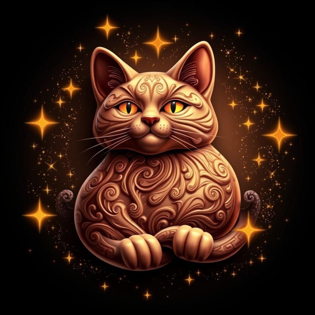 Whimsical Cat Chocolate Cosmic Sculpture in Abstract Fractal...