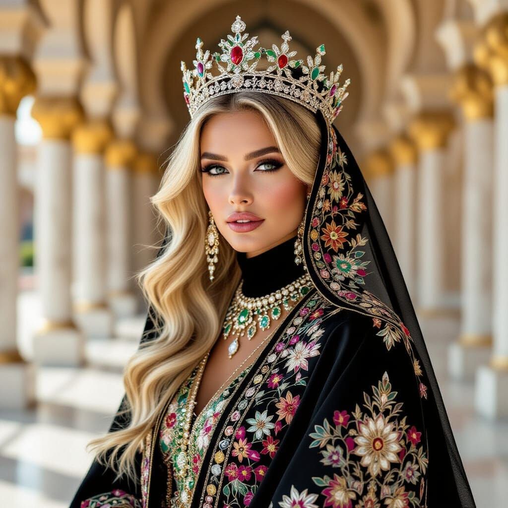 Regal Blonde in Crown and Abaya: Modern Royal Fashion