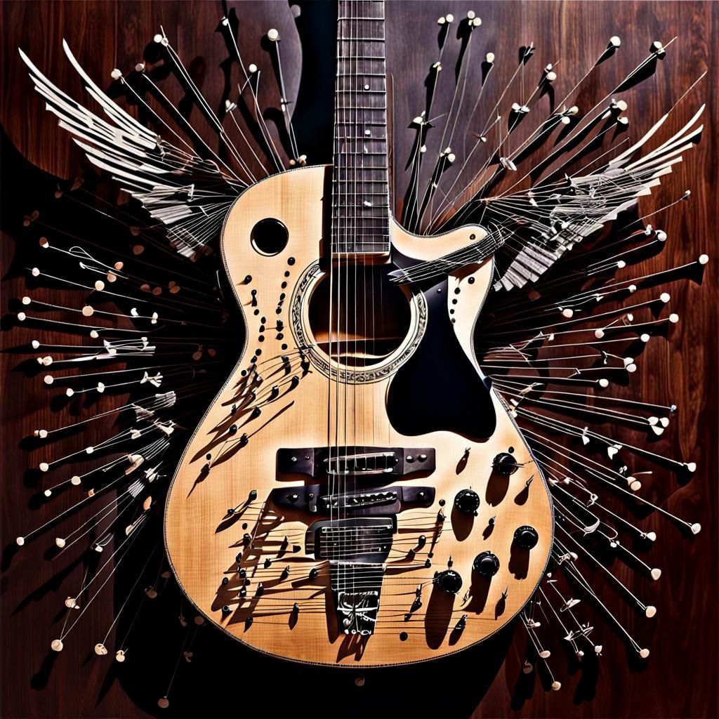 There is a stringless guitar in the background
made of guitar strings.
Dramatic, impressive, realistic
on the page, ...