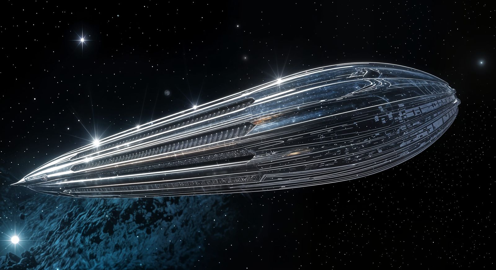 Chrome Alien Spaceship in Hyperealistic Mid Shot