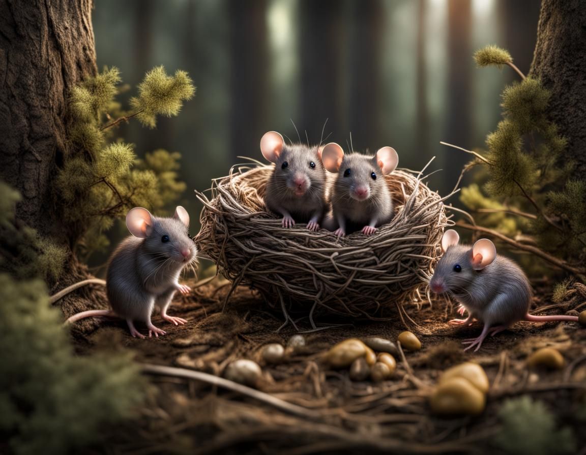 Hyperrealistic Mice Family in Forest Nest