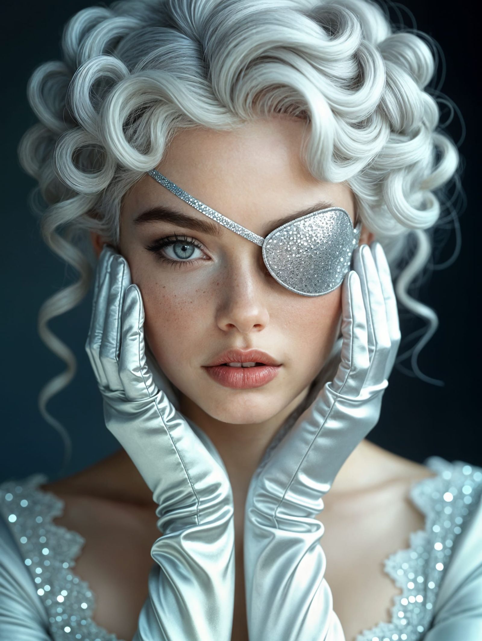 Elegant Woman in Silver Glitter with Eyepatch and Satin Glov...