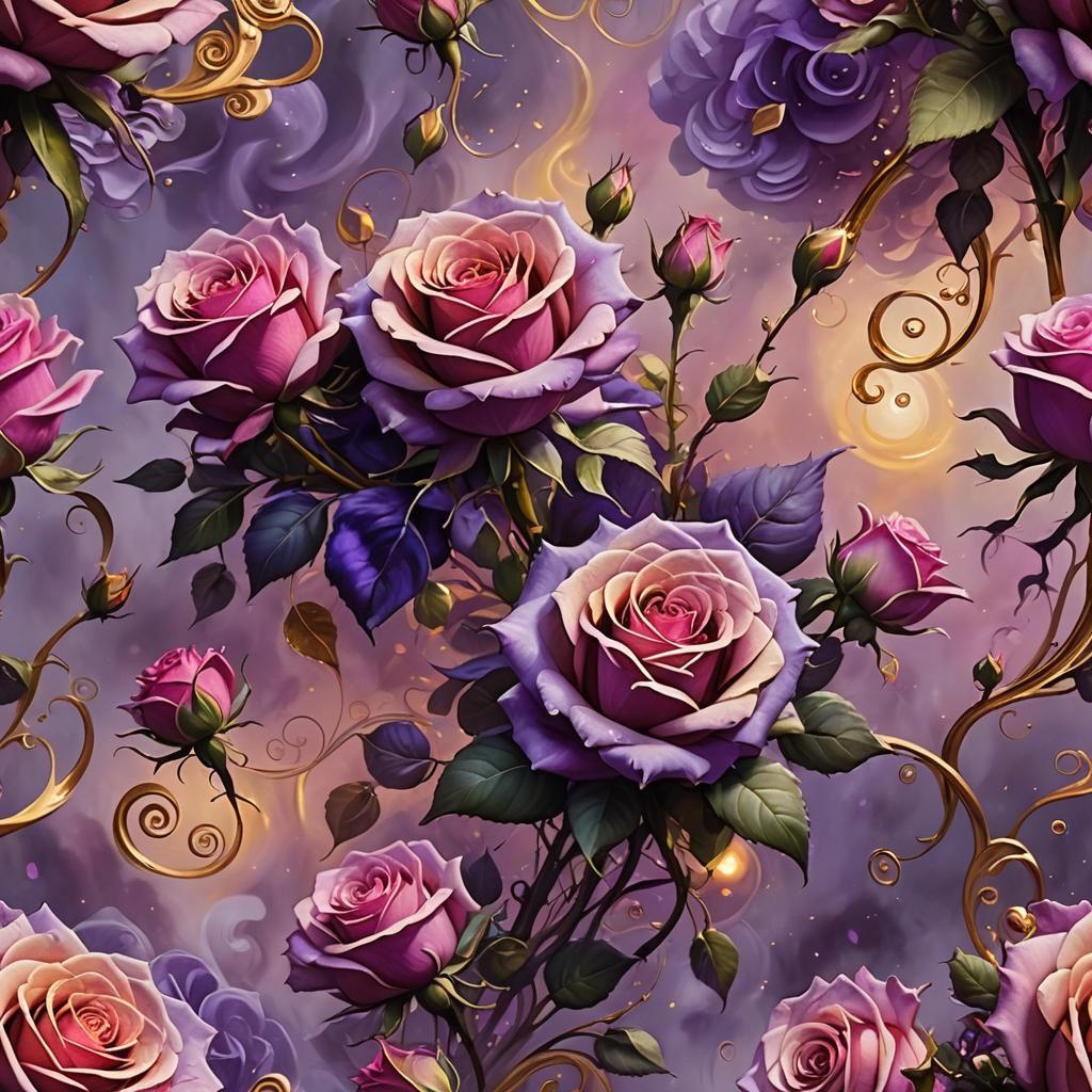 Pink Roses Floating in Purple Mist: Fantasy Art