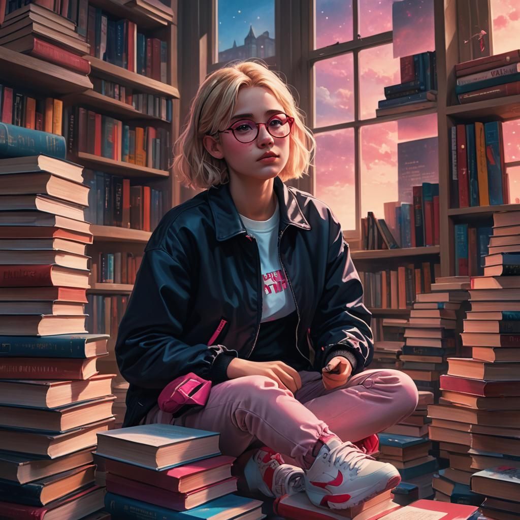 Girl Reading Book in Dreamy Matte Painting Style