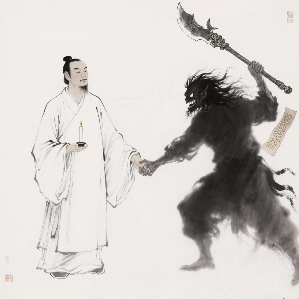Zen Man Holding Candle with Demon Shadow in Chinese Ink Styl...