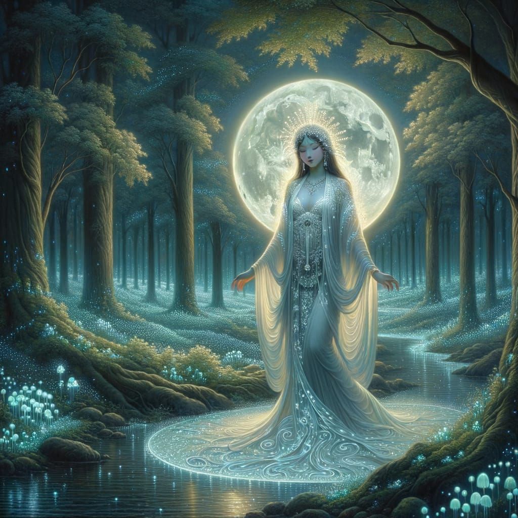 Moon Goddess in Bioluminescent Forest, Art Nouveau Style