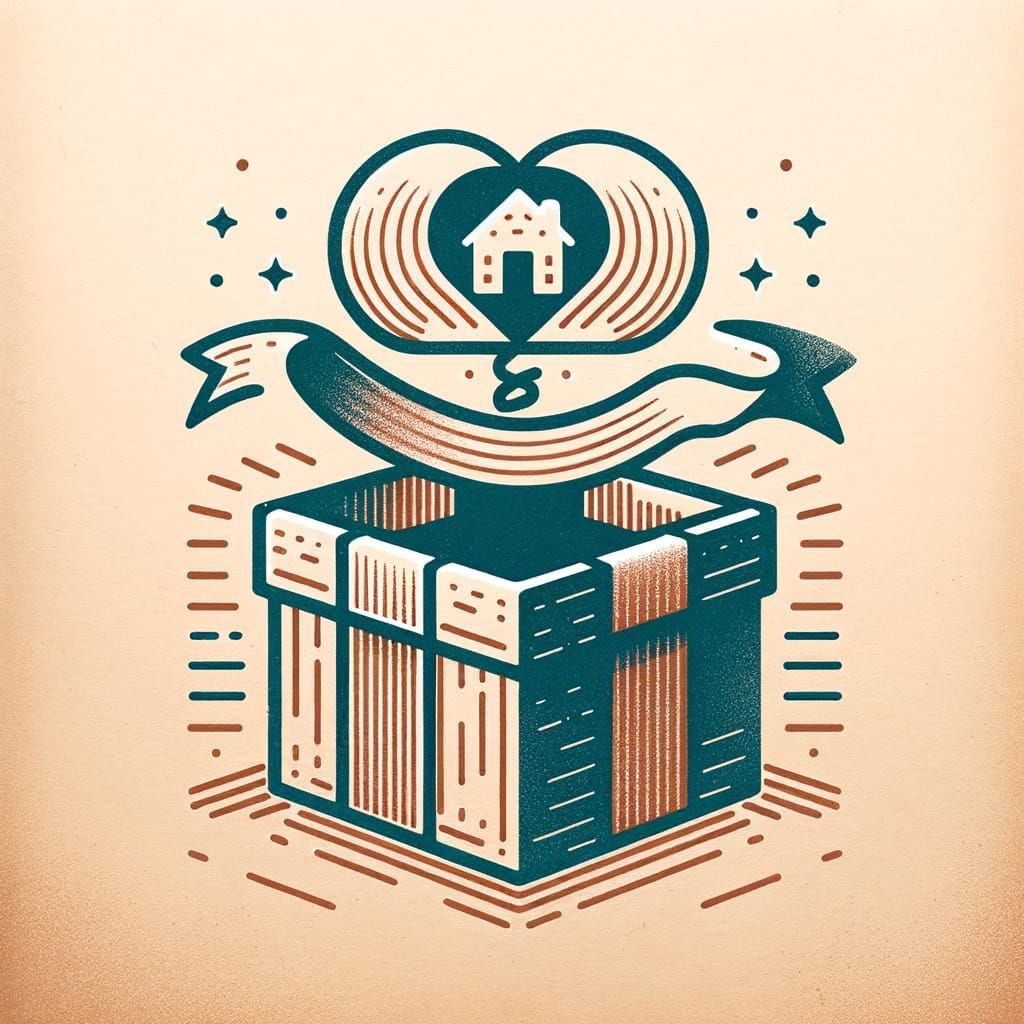 Minimalist Line Art Logo: Gift Box with Heart Ribbon & House