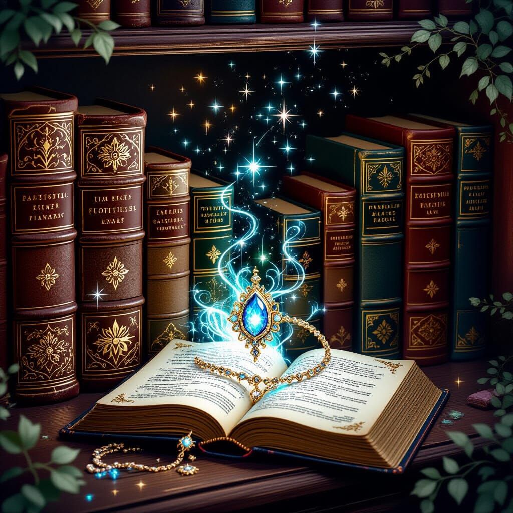 Ethereal Jewelry in Mystical Bookcase, Fantasy Art