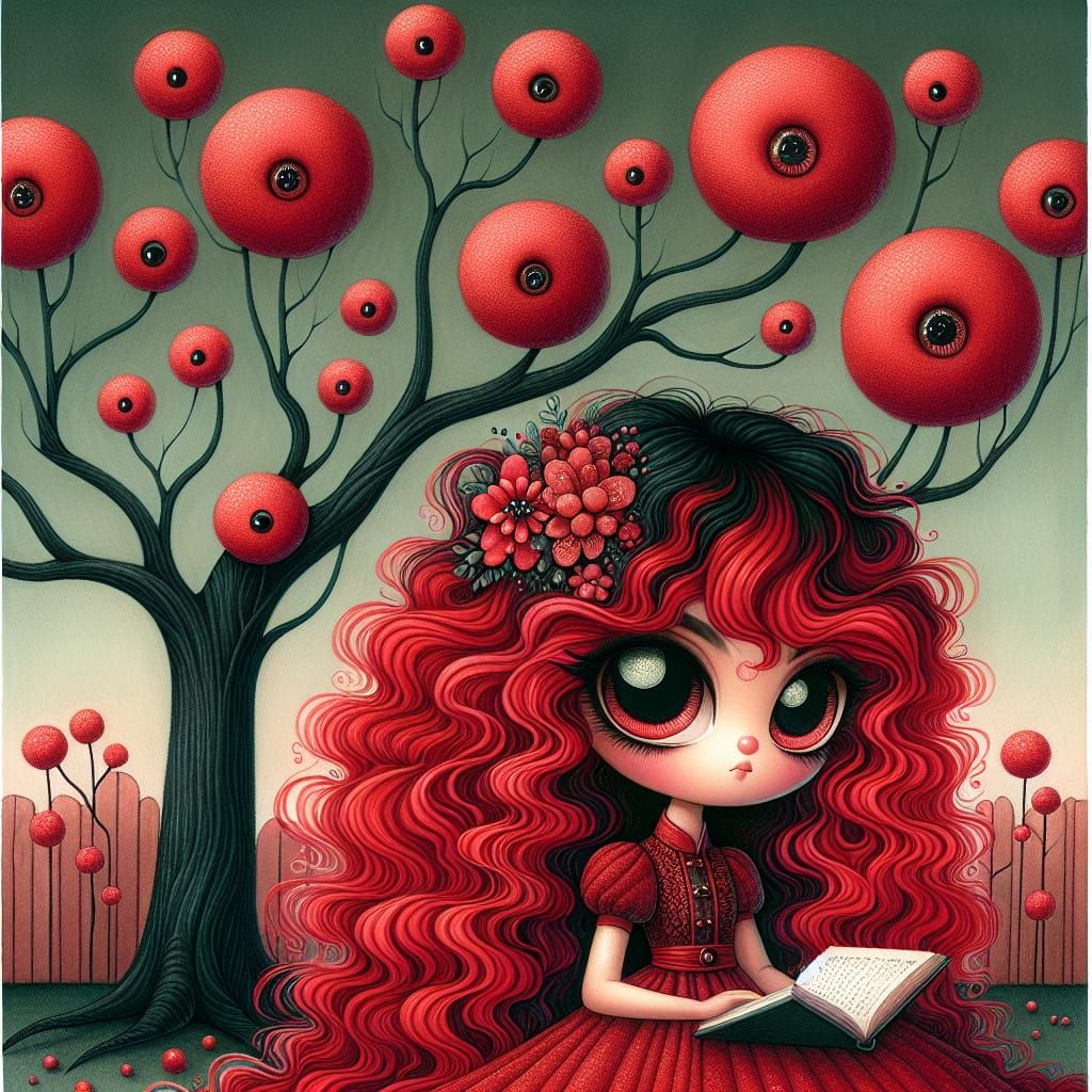 Anime Girl Reading Under Red Flower Tree
