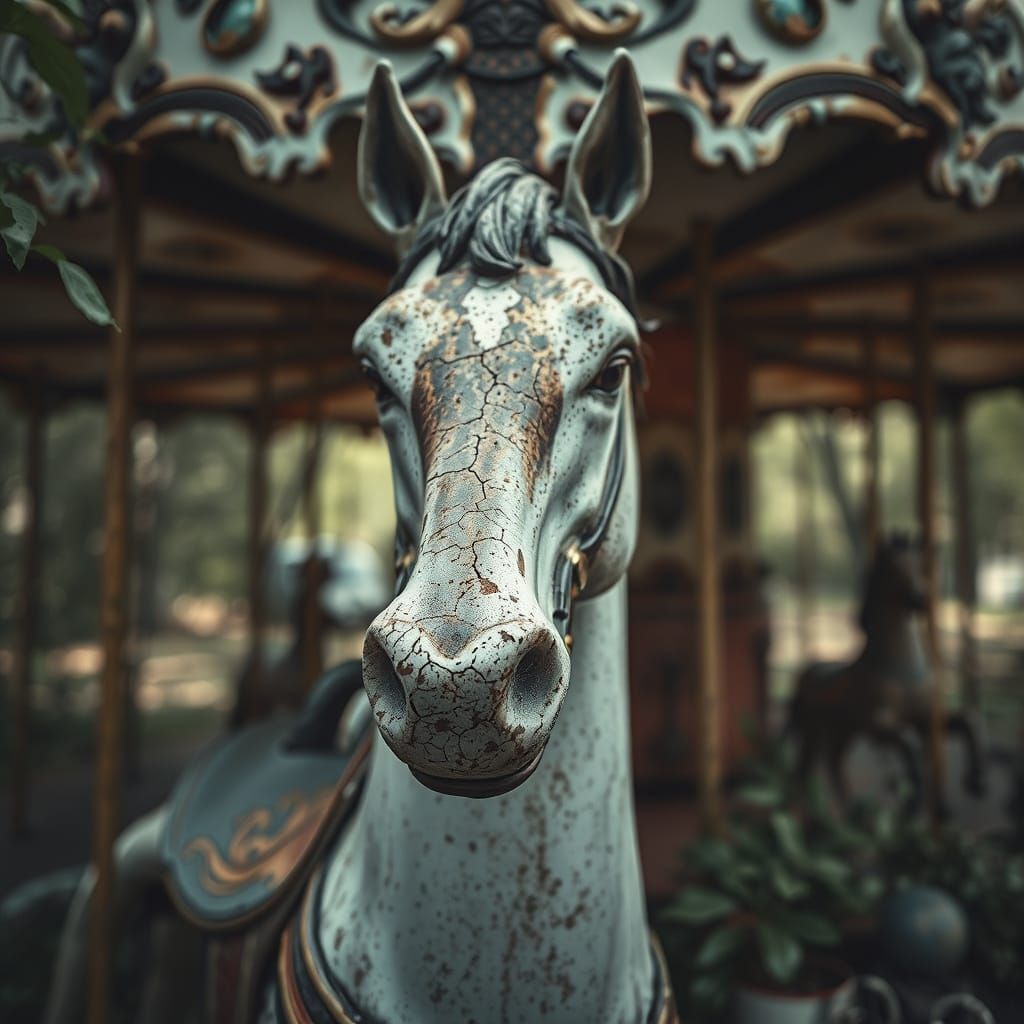 Rusted Carousel Horse in Decaying Merry-Go-Round