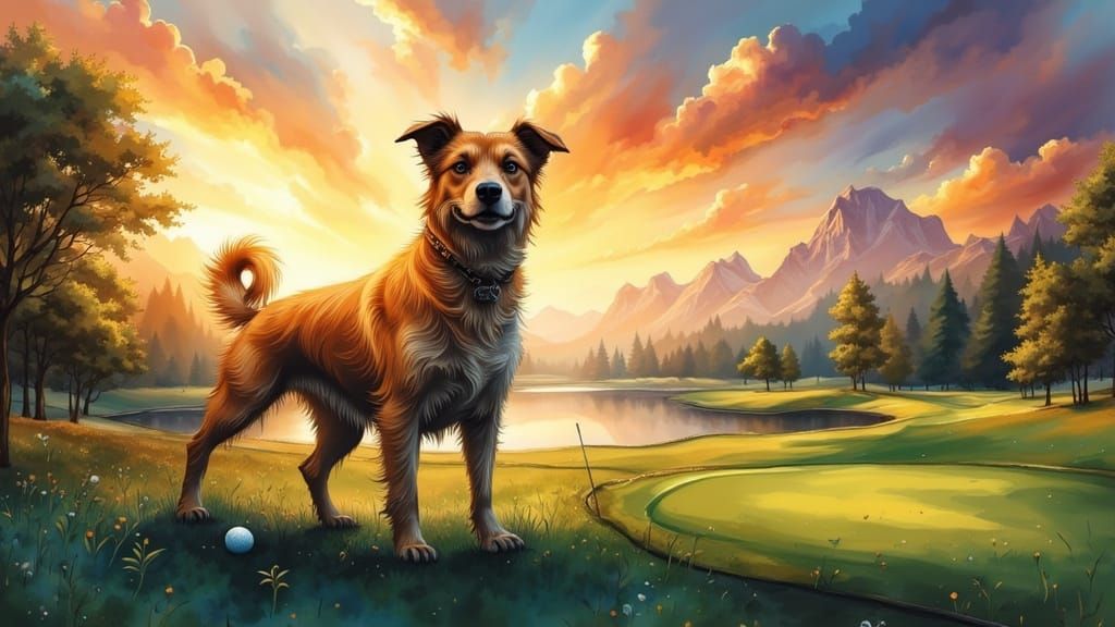 Surreal Golf Tournament: Dog and Owner in Matching Outfits