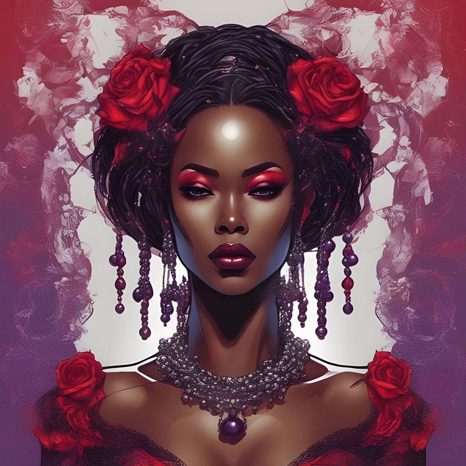 Beautiful Black Woman Portrait with Pearls and Roses