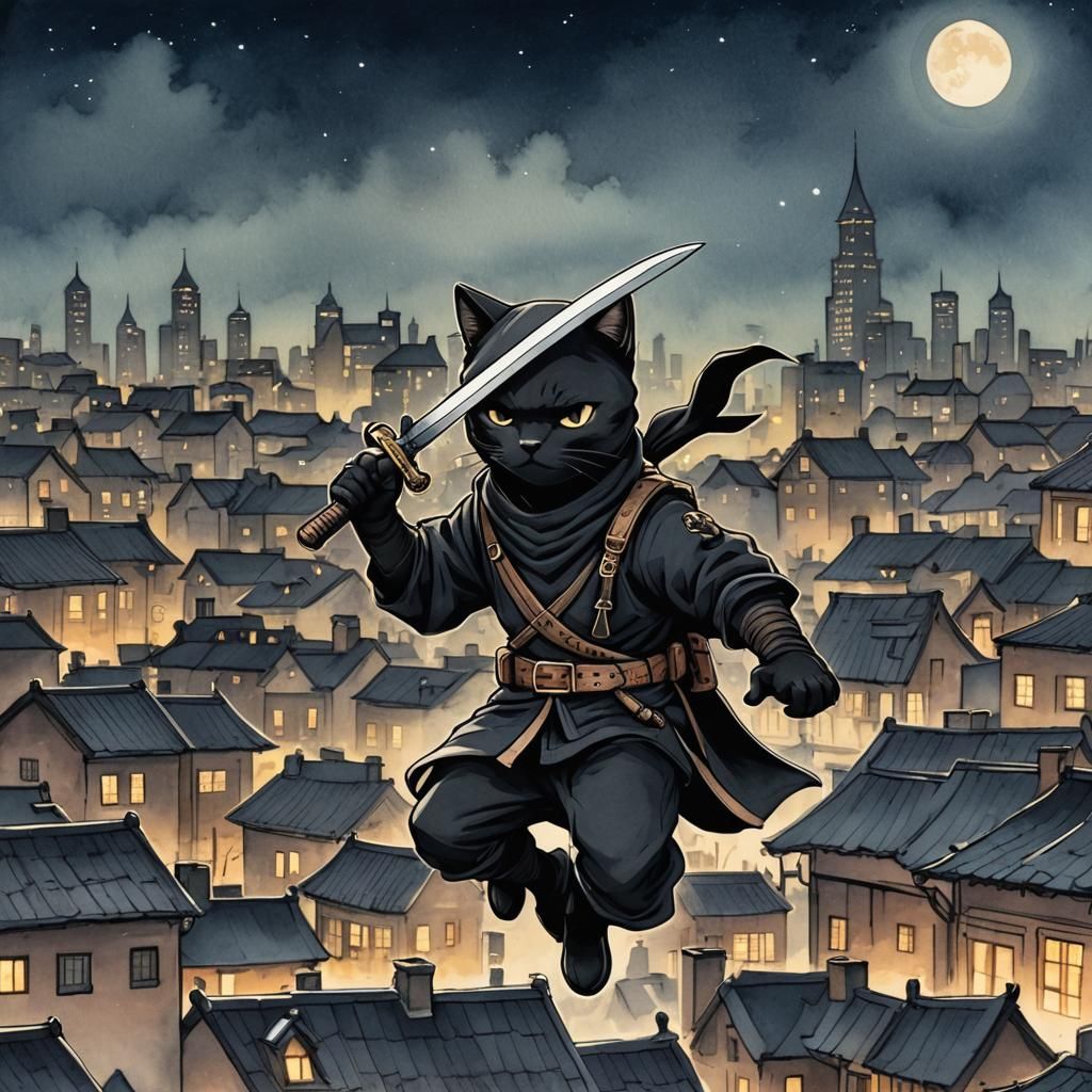 Ninja Cat Spy Jumping Over Rooftops in Watercolor