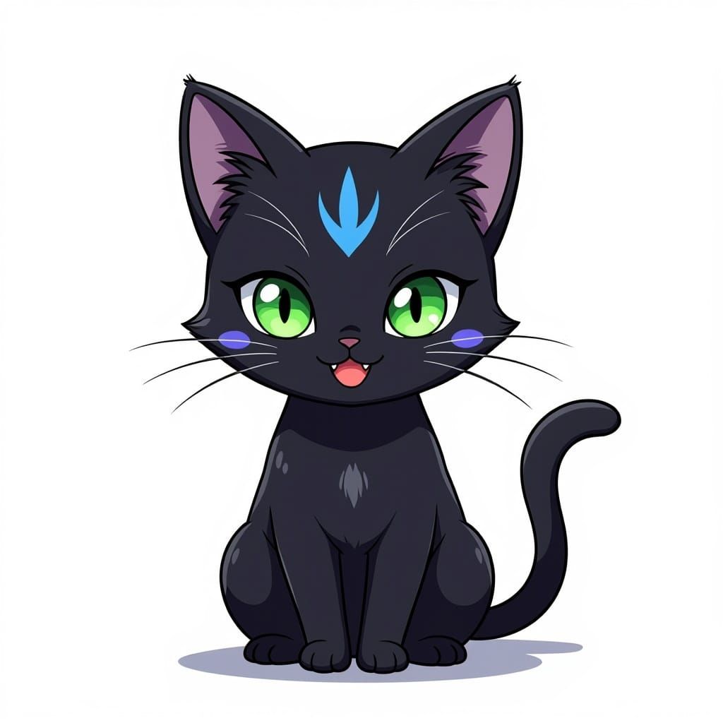 Cute Black Cat Kwami with Green Eyes in Cartoon Style