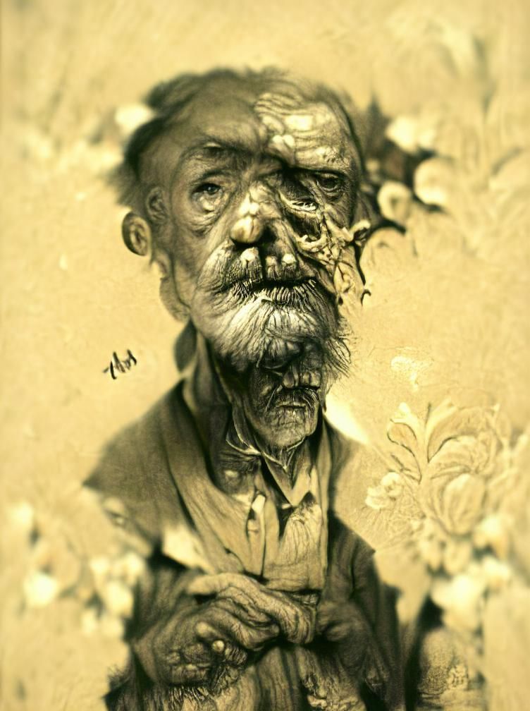Grotesque Portrait of Old Man in Sepia Tone