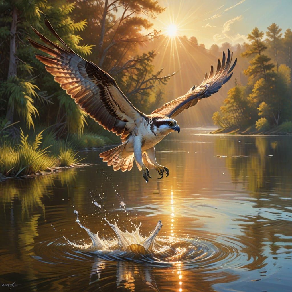 Realistic Osprey in Flight Over Shimmering Lake