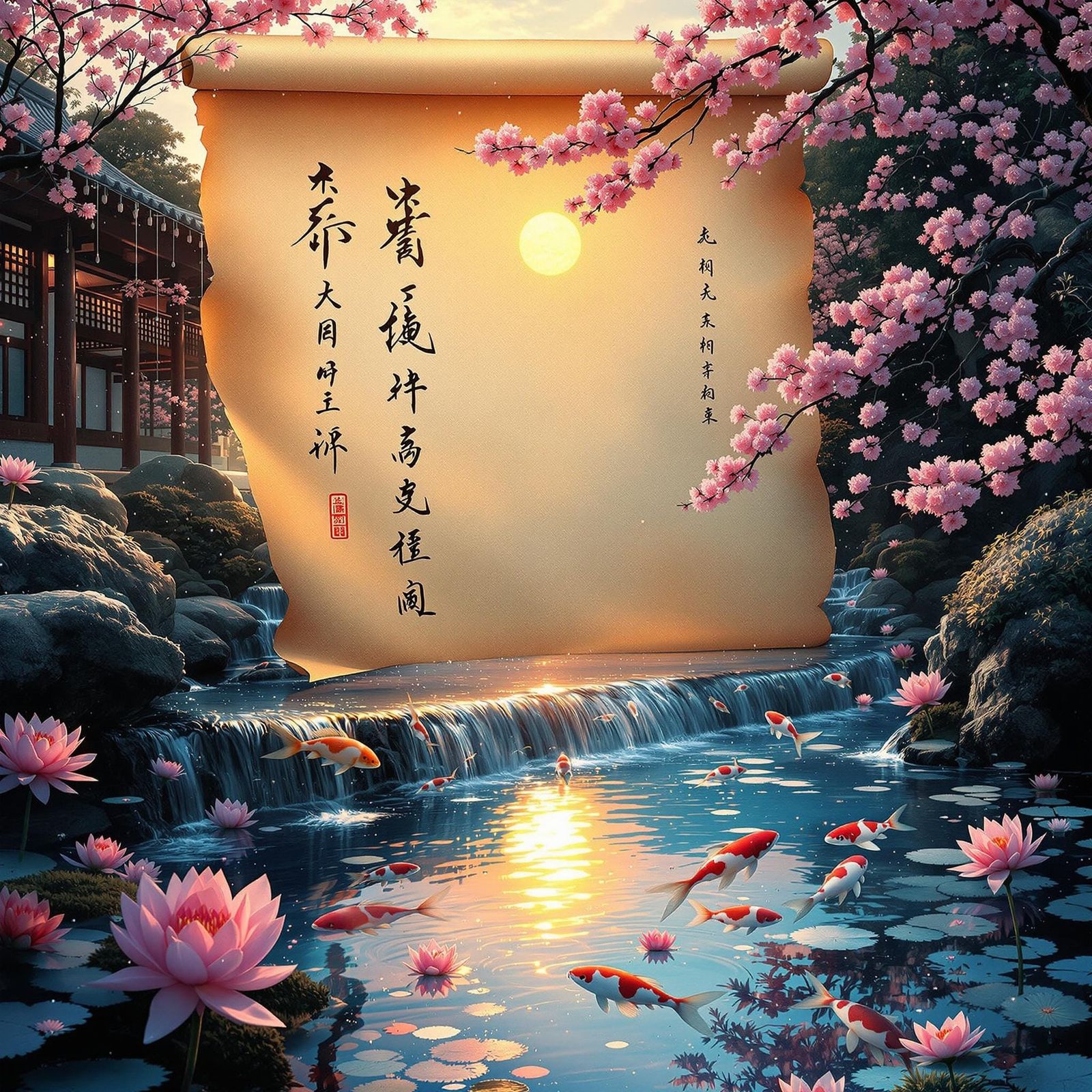 Ancient Parchment Shinto Temple Scene in Hyperrealistic Holo...