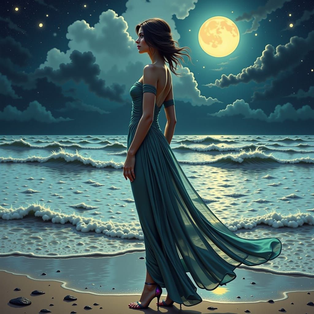 Elegant Woman on Moonlit Beach in Art Nouveau Style