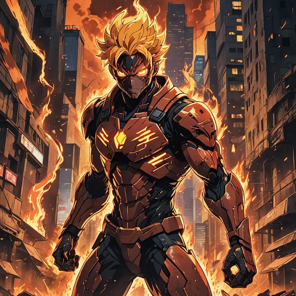 Heroic Anime Figure in Apocalyptic Cityscape