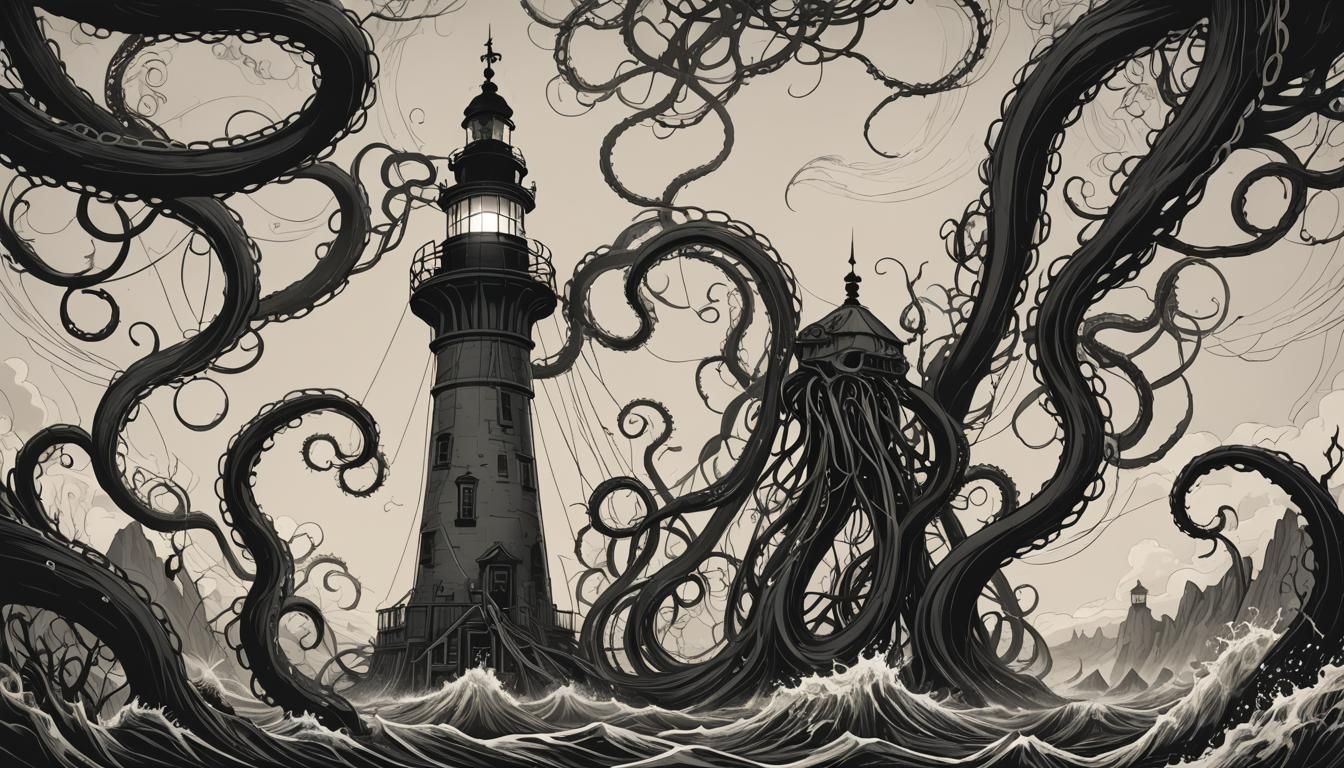 Surreal Lighthouse with Tentacles and Glowing Flower