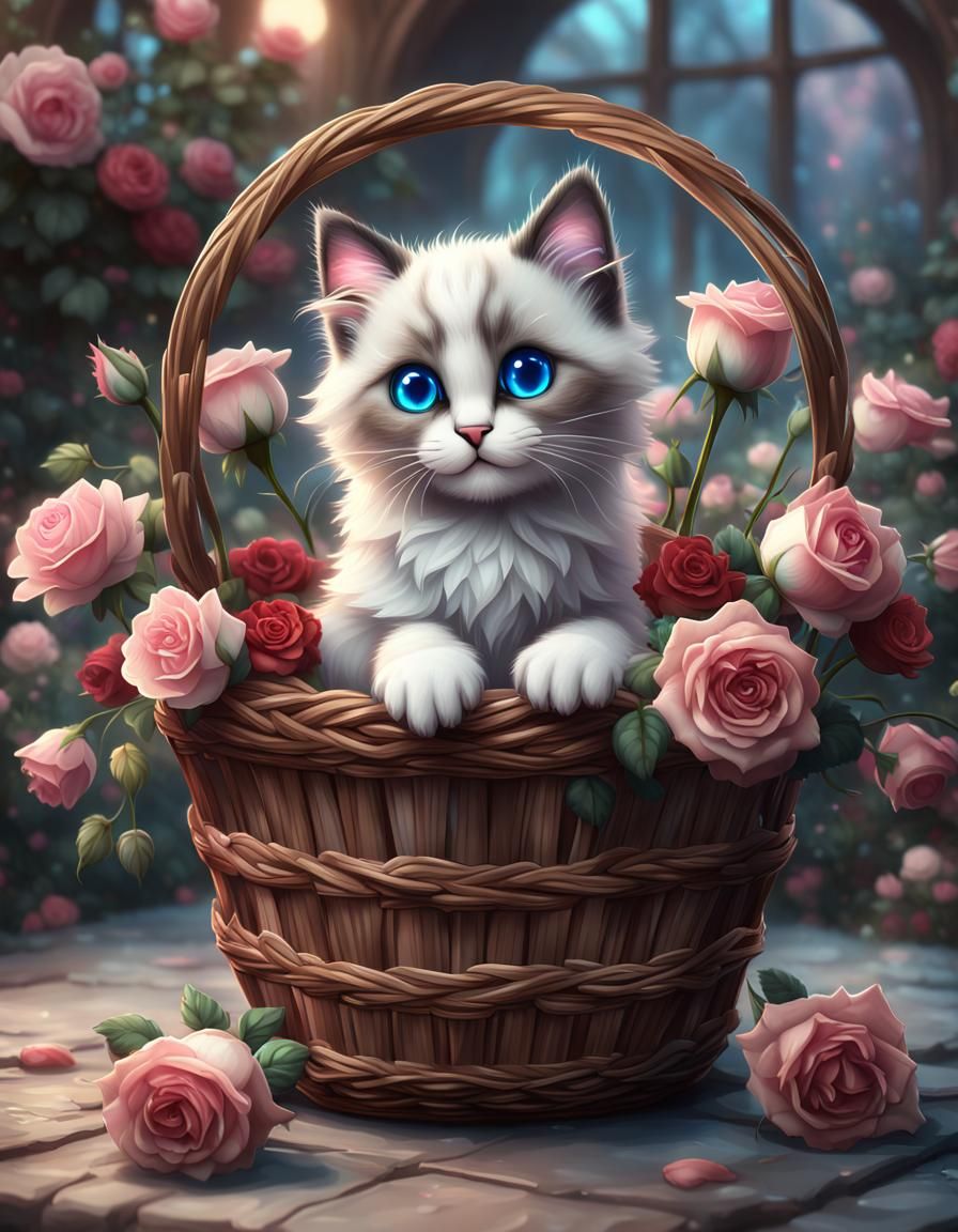 Chibi Ragdoll Kitten in Basket: Detailed Fantasy Art