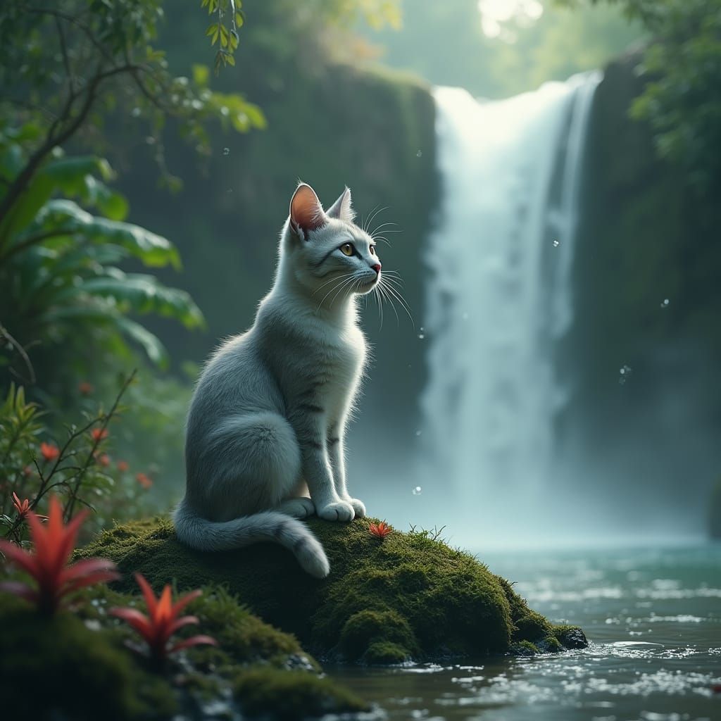 Serenely Poised Feline in a Misty Forest Oasis