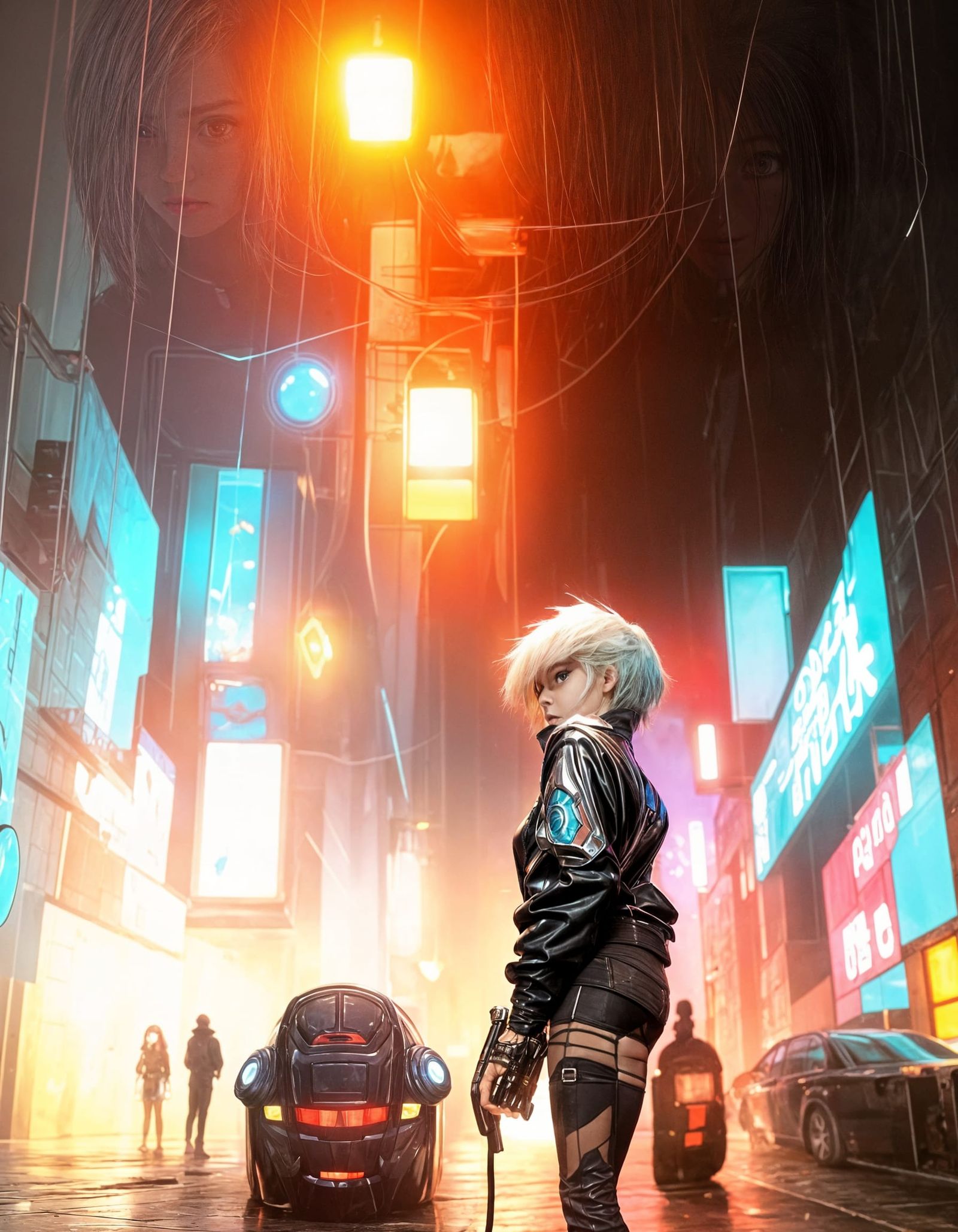 Futuristic Cyberpunk Woman in Rain-Soaked Alleyway