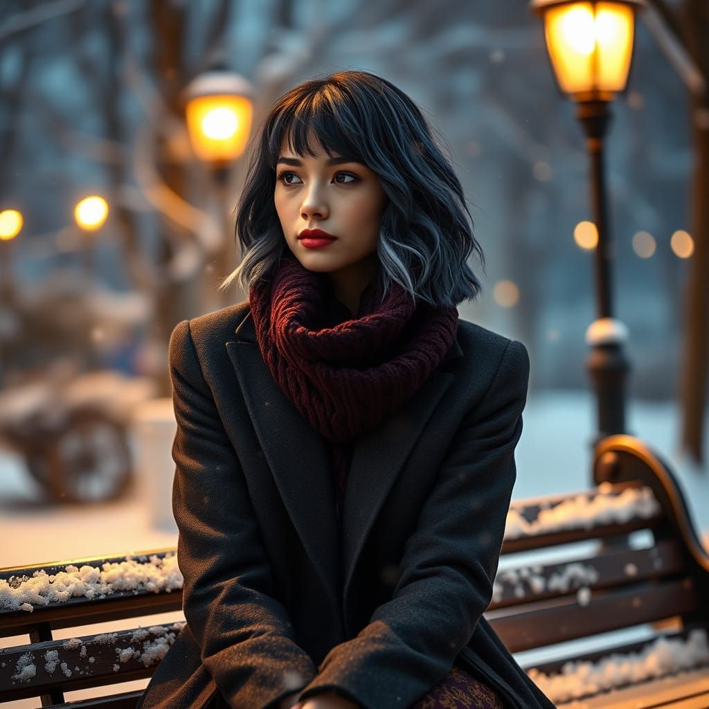 Serene Winter Scene with Blue-Haired Woman