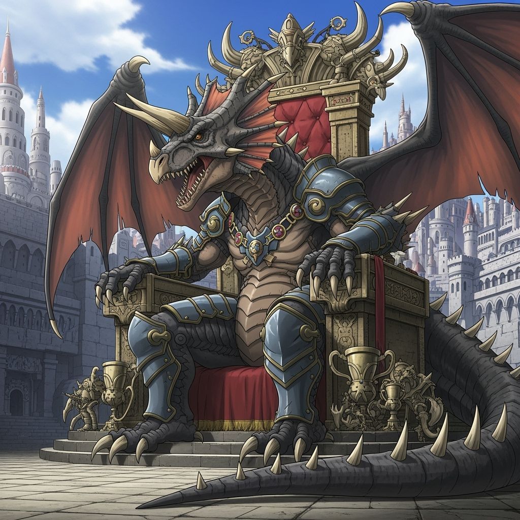 Colossal Dinosaur-Dragon Hybrid King on Throne