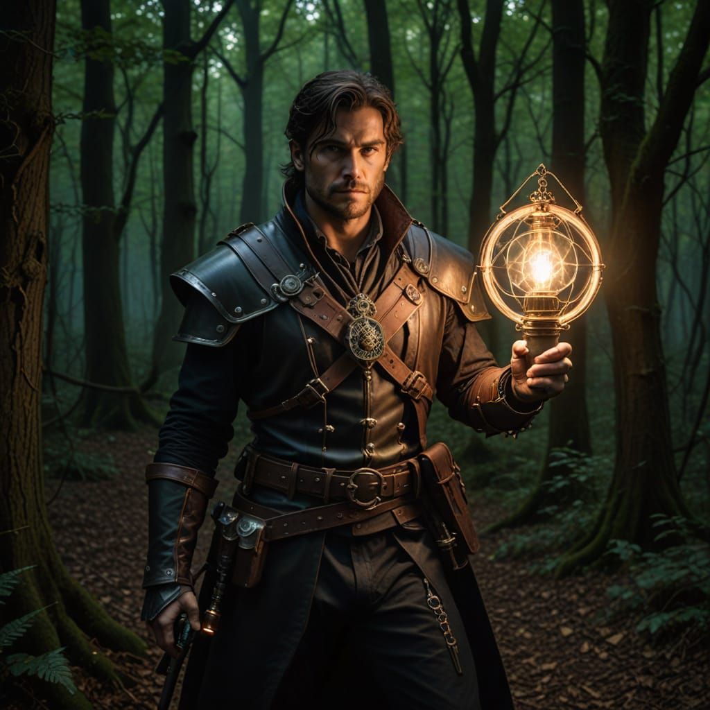Medieval Rogue with Steampunk Lamp in Haunted Wood