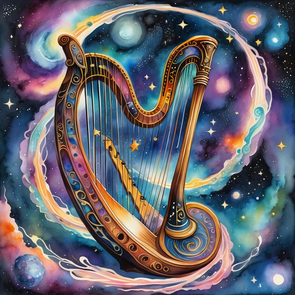 Galactic Harp in Galaxy: Watercolor Scientific Illustration