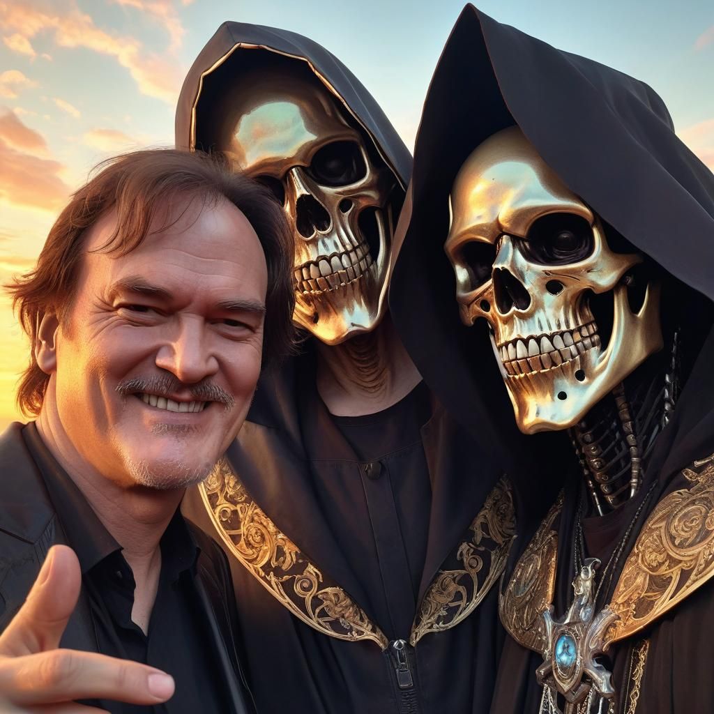 Portrait of death - the grim reaper - taking a selfie with Quentin Tarantino, both smiling, foto a colori head and shoul...