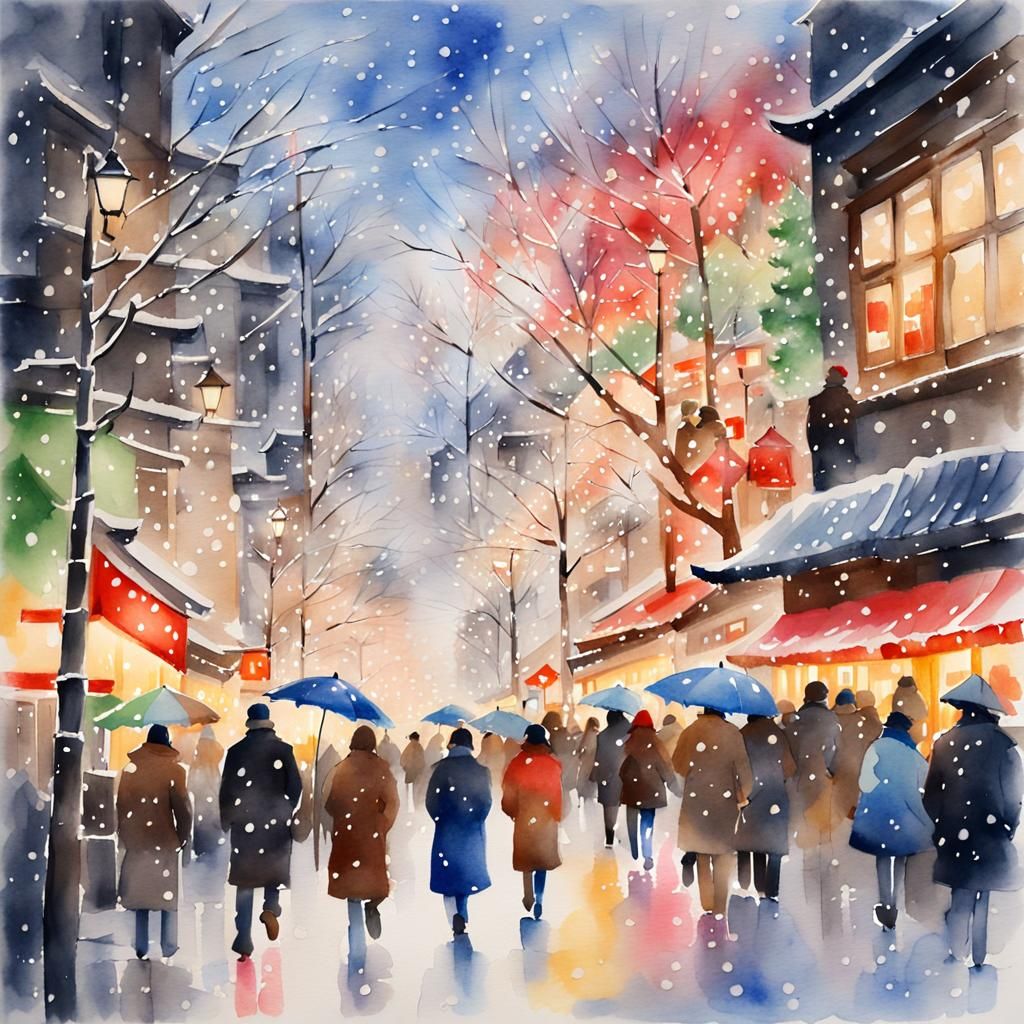 Christmas Shopping in Tokyo: Watercolor Street Scene