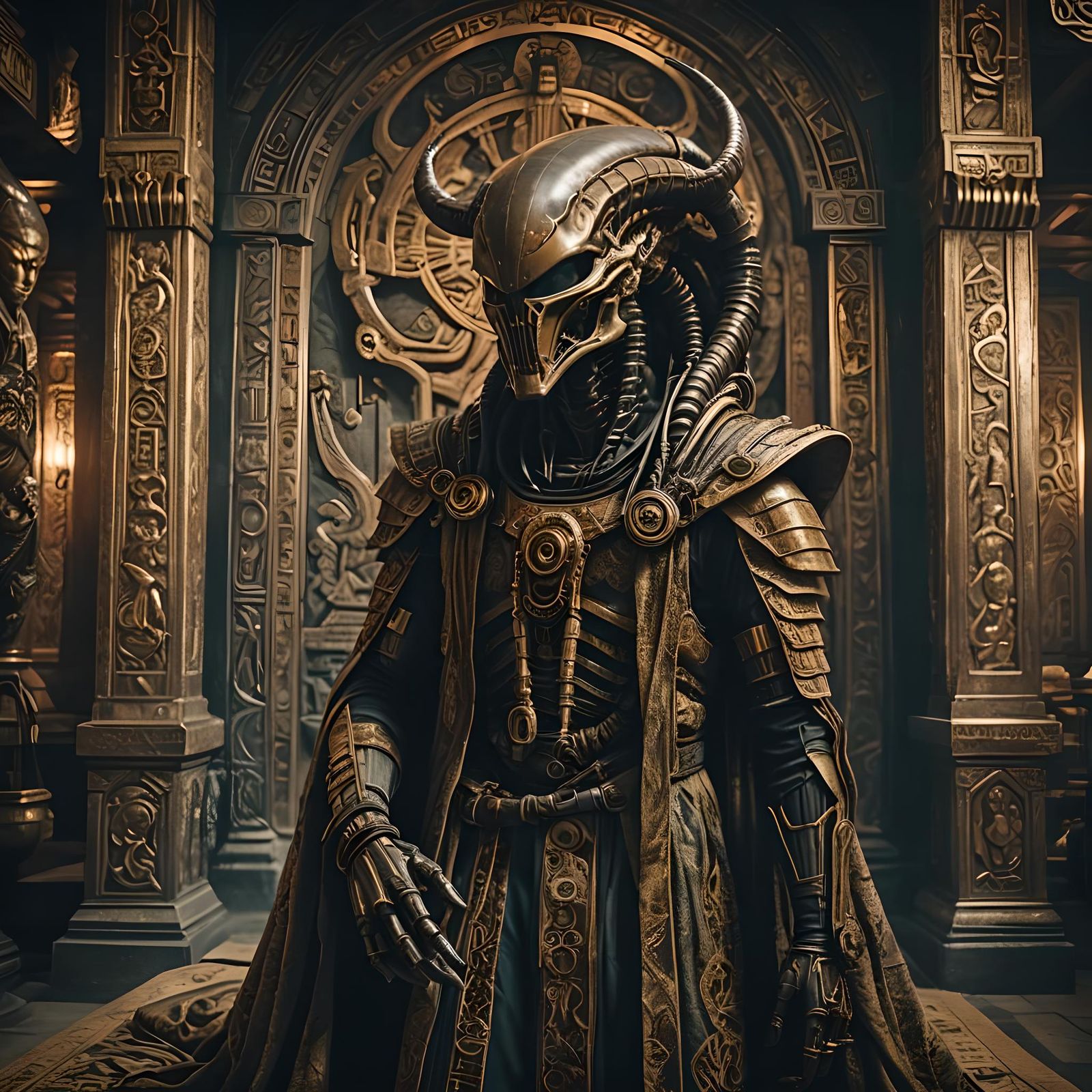 Steampunk Mystic Xenomorph Monk in Ancient Temple