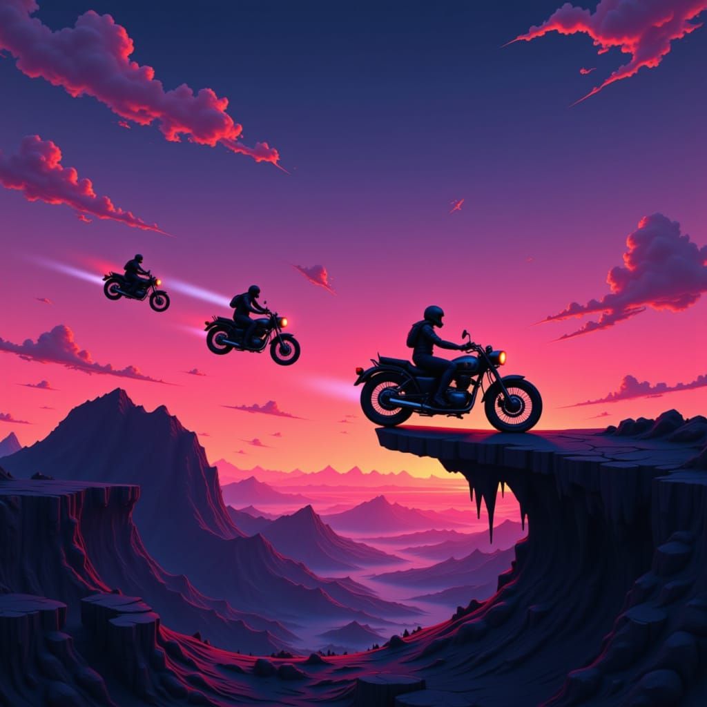Gravity-Defying Motorcycles in Twilight Digital Matte Painti...