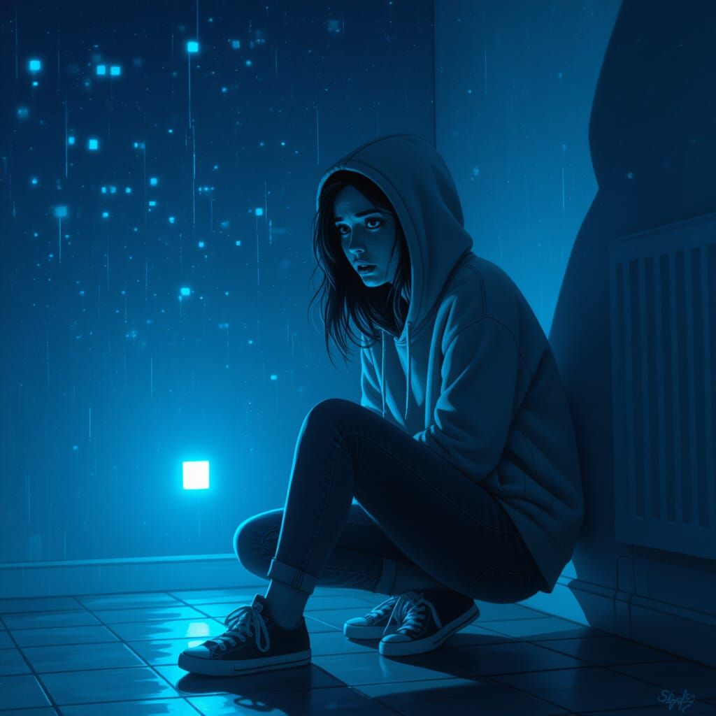 Woman in Dim Room with Blue Glow, Noir Sci-Fi Style